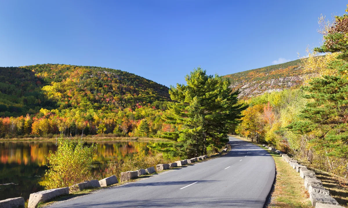A view of Beaver Dam Pond and Park Loop Road in autumn